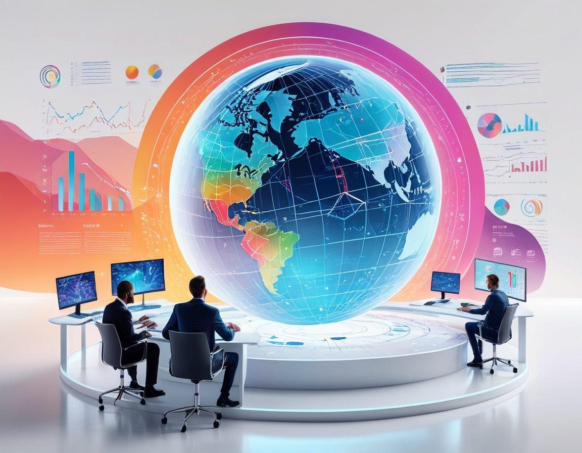 A futuristic digital landscape featuring diverse professionals collaborating on sleek, high-tech devices, surrounded by holographic charts, graphs, and web elements. The background should depict a vibrant, interconnected globe symbolizing global reach. Bright, engaging colors with a modern, clean design. super-realistic. vibrant colors. white background.