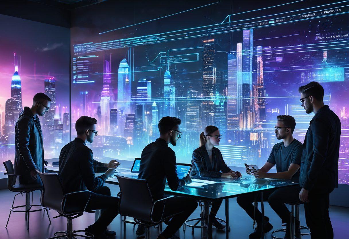 A team of designers and developers collaborating around a large, futuristic holographic web design interface, with code snippets floating in the air and a skyline of digital buildings symbolizing the internet in the background. The image should convey innovation, teamwork, and the creation process of a strong digital footprint. cyberpunk. vibrant colors. super-realistic.