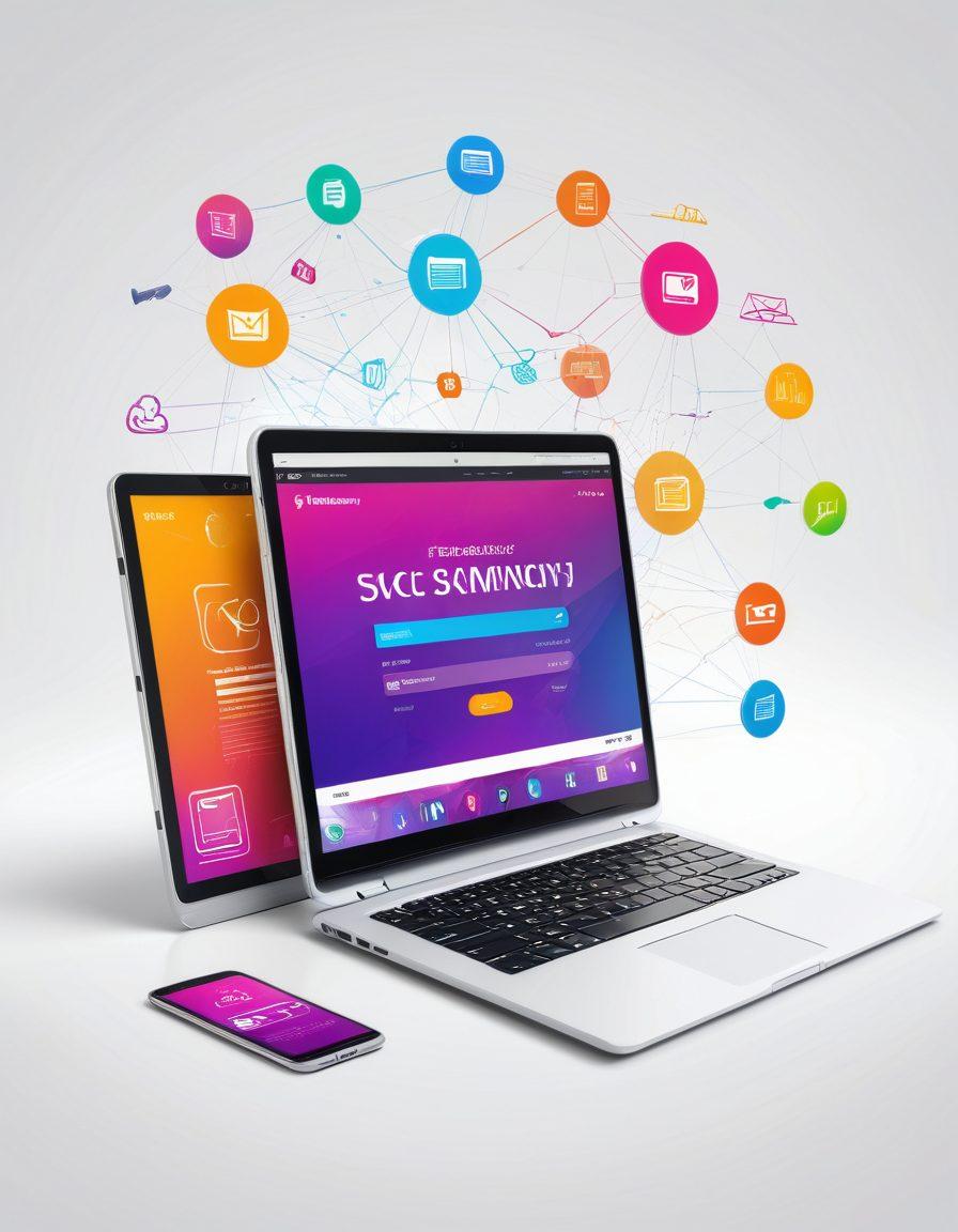 A dynamic scene featuring a sleek laptop showcasing a vibrant e-commerce website, a rising SEO graph on a tablet, and a responsive website on a smartphone, surrounded by futuristic digital icons representing connectivity and growth. Super-realistic. Vibrant colors. White background.